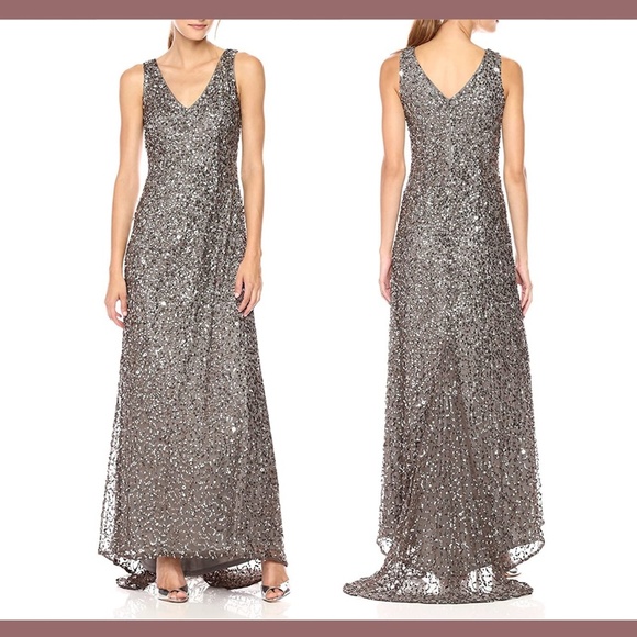 NWT Adrianna Papell V-Neck Sequin A-Line Gown in Lead [SZ‎ 12 ] - Picture 1 of 9
